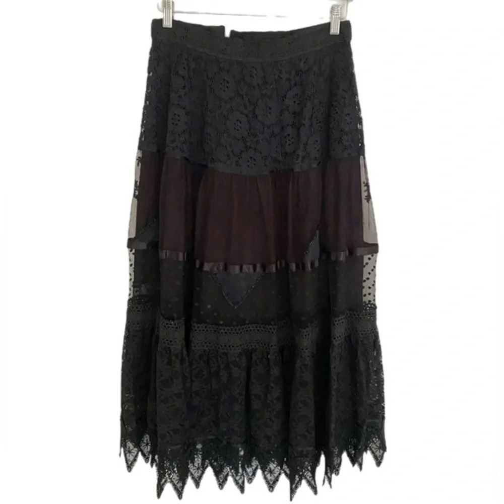 Vintage Giorgio Sant’Angelo Black Witchy Lace Embroidered Long Skirt 1980s Midi